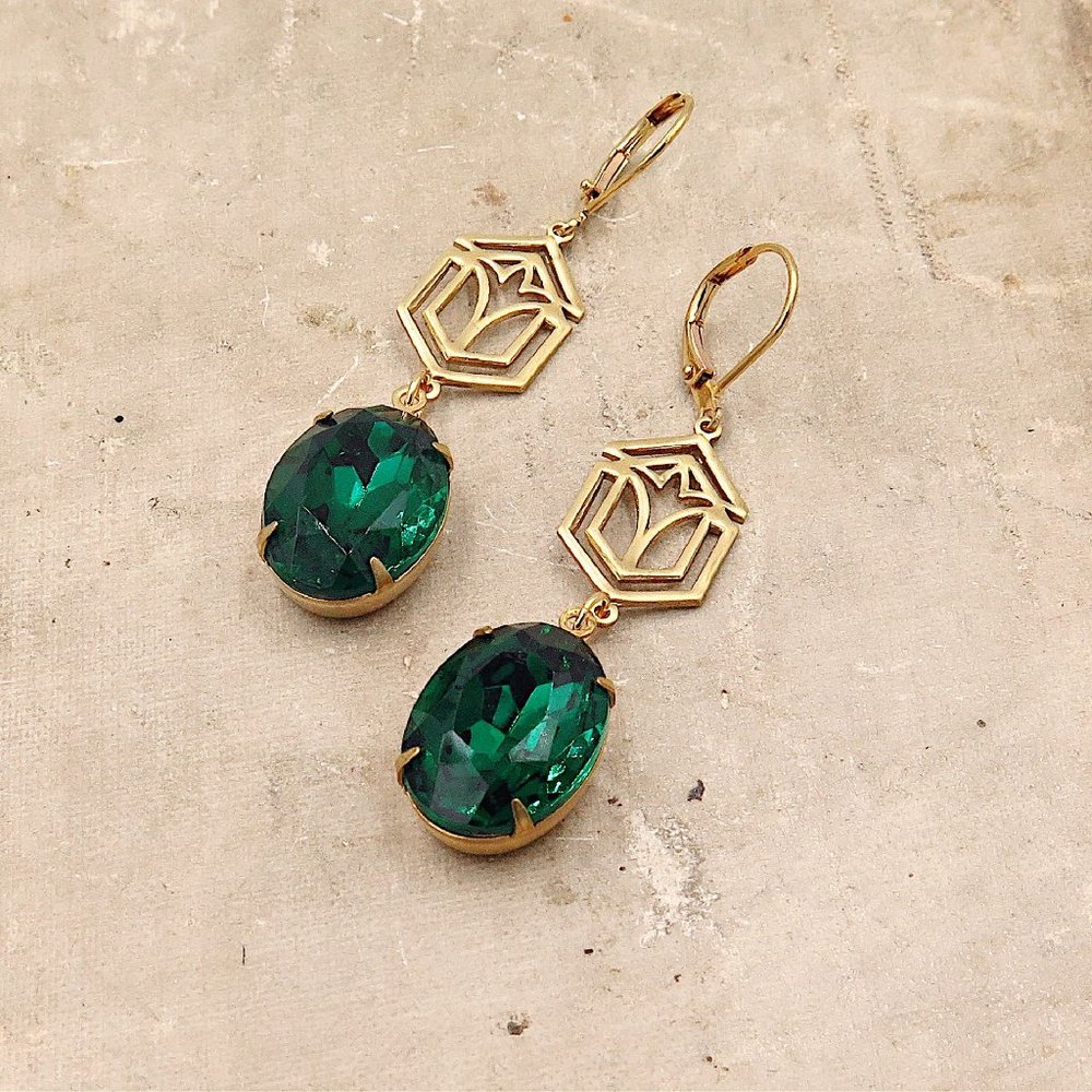 Emerald Green  Art Deco Earrings  Oval Earrings  May Birthstone  Christmas
